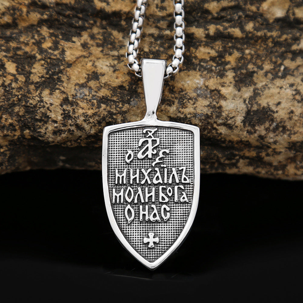 Retro Angel Cross Shield Pendant Necklace for Men