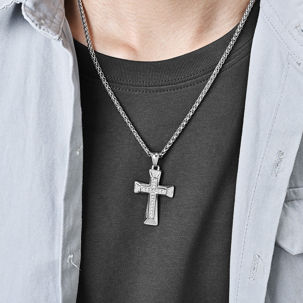 Planderful Cross Necklace Titanium Steel With Zircon Inlays Personalized Hip Hop Pendant Light Luxury