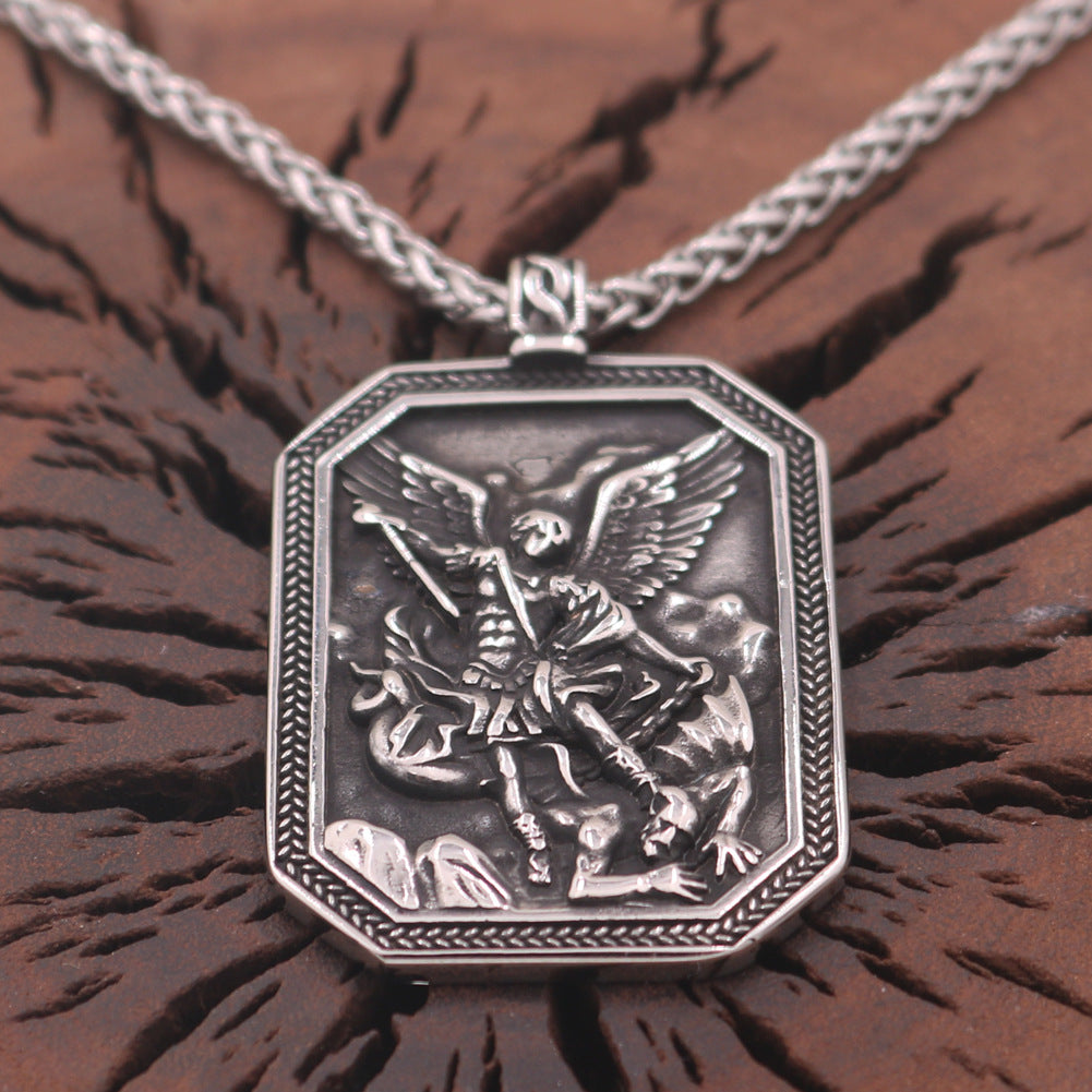 Mythical Angel Shield Pendant Necklace with Norse Runes Stainless Steel Chain