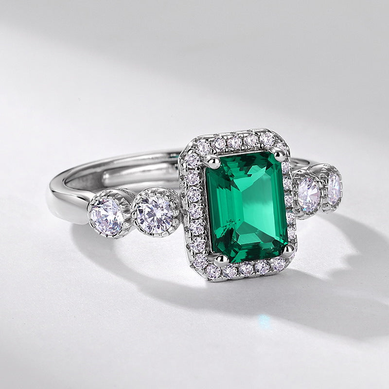 Planderful Jewelry Lab Grown Emerald Ring in Sterling Silver with Elegant Inlay and Luxury Finish