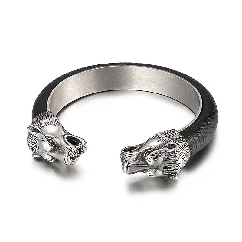 Men's Stainless Steel – Punk Style & Bold Wolf Head Titanium Steel Open-Leather Bracelet
