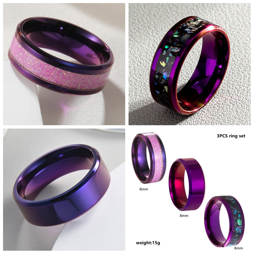 Planderful PurpleRed Titanium Steel Couple Ring Three Piece