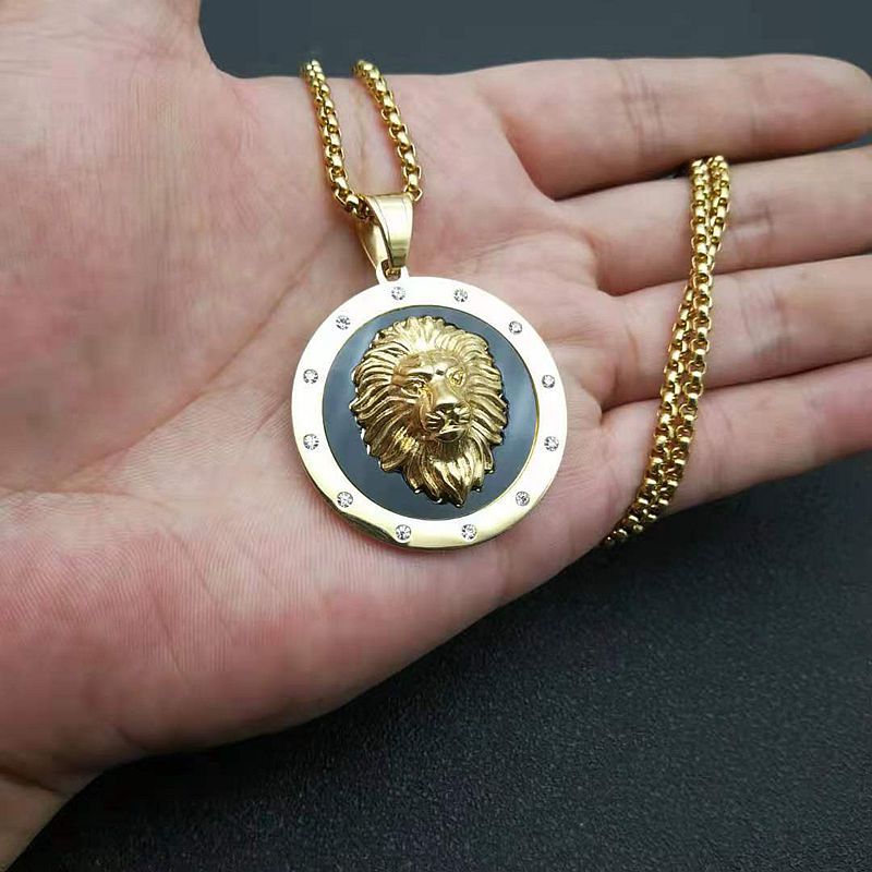 Planderful Lion Head Pendant Necklace Stainless Steel Gold Plated Rhinestone Hip Hop Jewelry For Men And Women