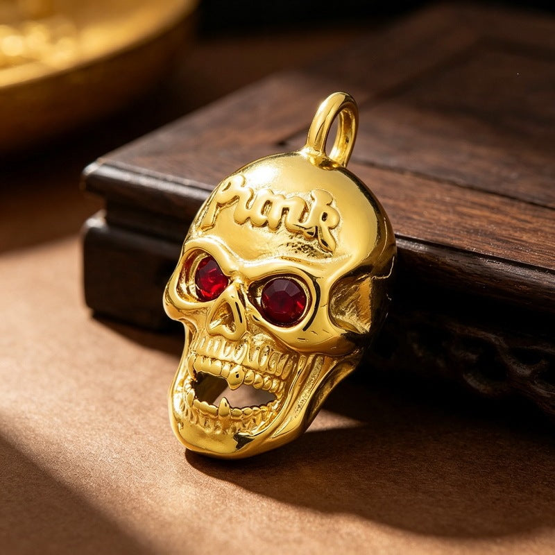Punk Red Diamond Eye Skull Titanium Steel Pendant Halloween Vampire Head Men's Necklace