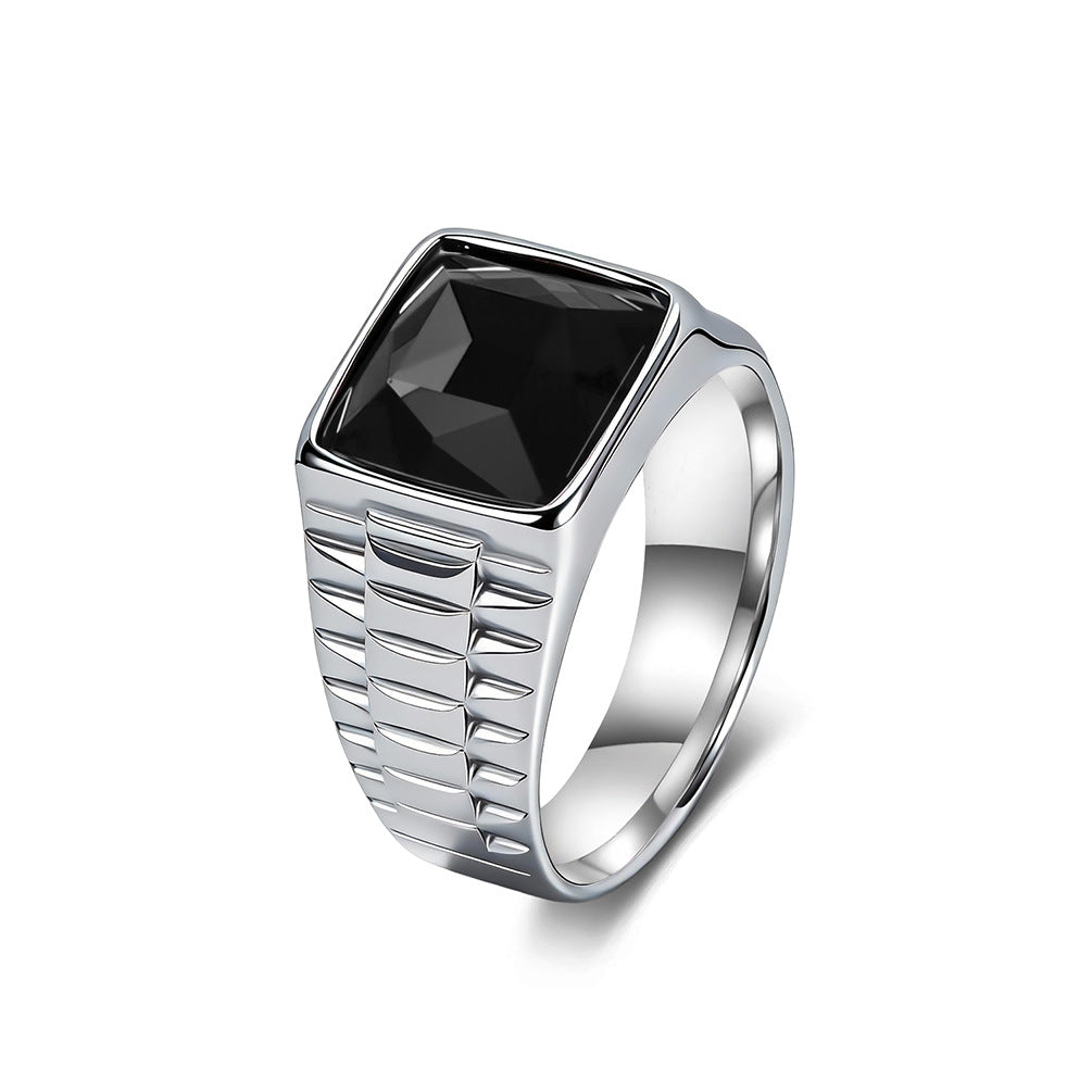 King Men's Stainless Steel Ring Red & Black Square Diamonds Stainless