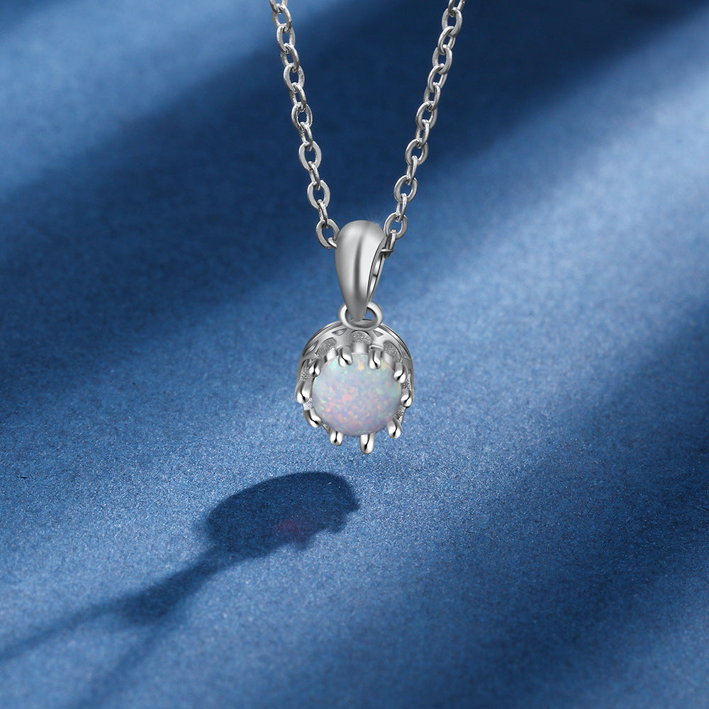 Planderful Jewelry Opal Crown Pendant Necklace In Sterling Silver S925 Elegant Everyday Luxury