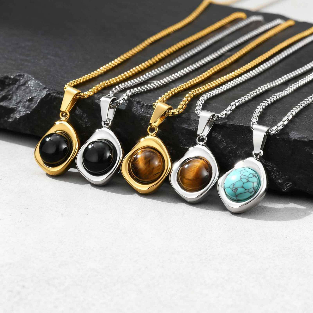 Stainless Steel Stone-Inlay Pendants — Chain Optional