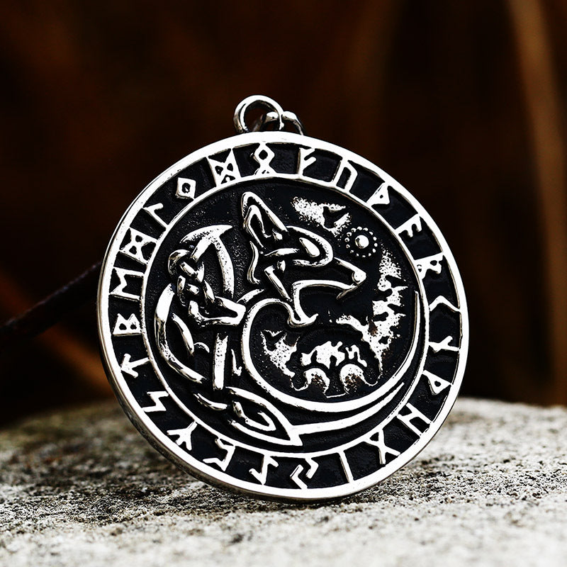 Titanium Steel Viking Wolf Head Pendant with Retro Luhn Letter Design for Men