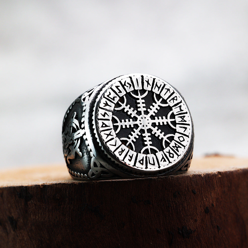 European And American Jewelry Wholesale Men's Titanium Steel Ring Viking Snowflake Compass Rune