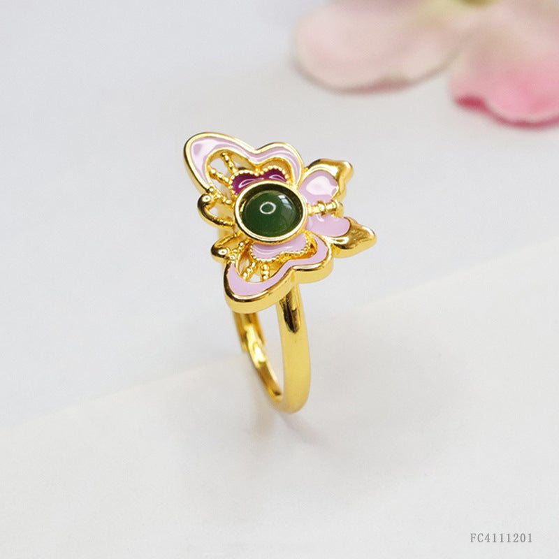 Green Jadeite Butterfly & Enamel Ring