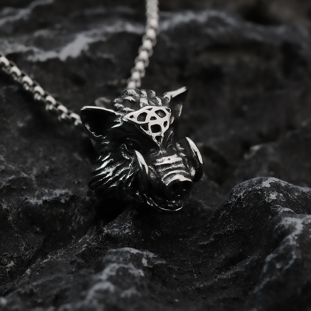 European And American Retro Men's Stainless Steel Pendant Punk Animal Wild Boar Head Necklace