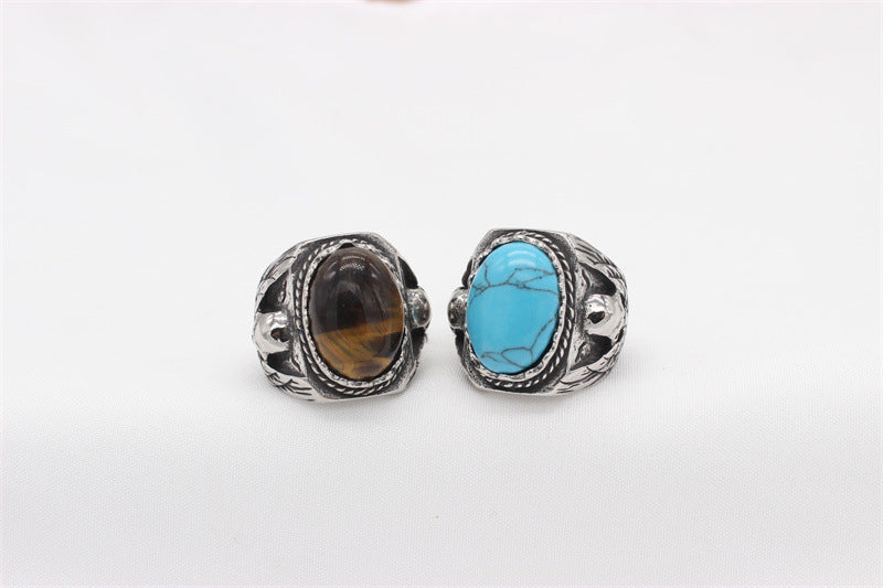 Planderful Tigers Eye Skull Ring Titanium Steel Unisex Oval Stone For Protection And Retro Style