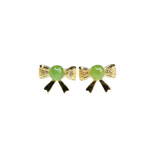 Round Jade Golden Bowknot Stud Earrings crafted from Natural Hotan Jade