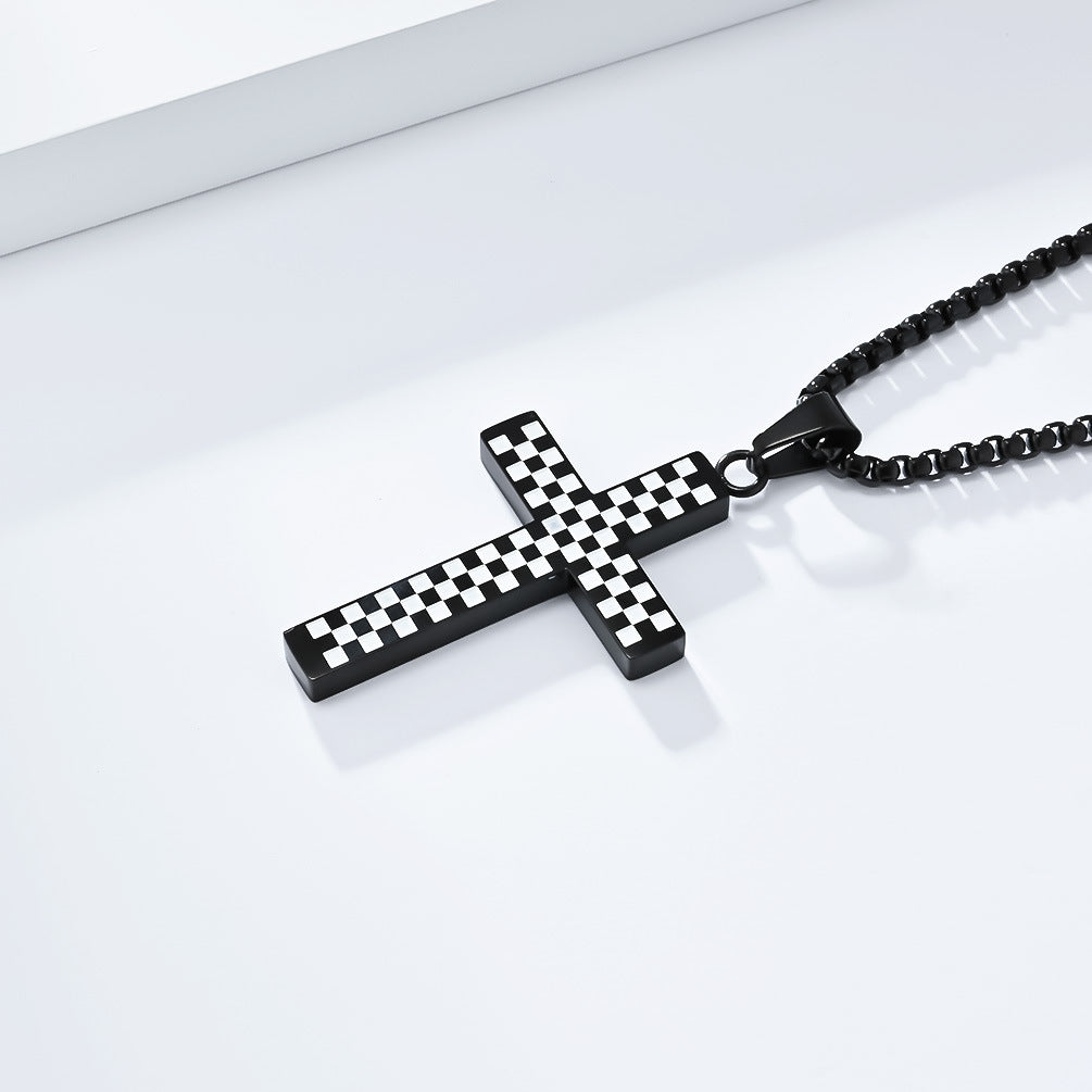 Planderful Titanium Steel Cross Necklace For Men And Women With Black And White Grid Racing Flag Pendant