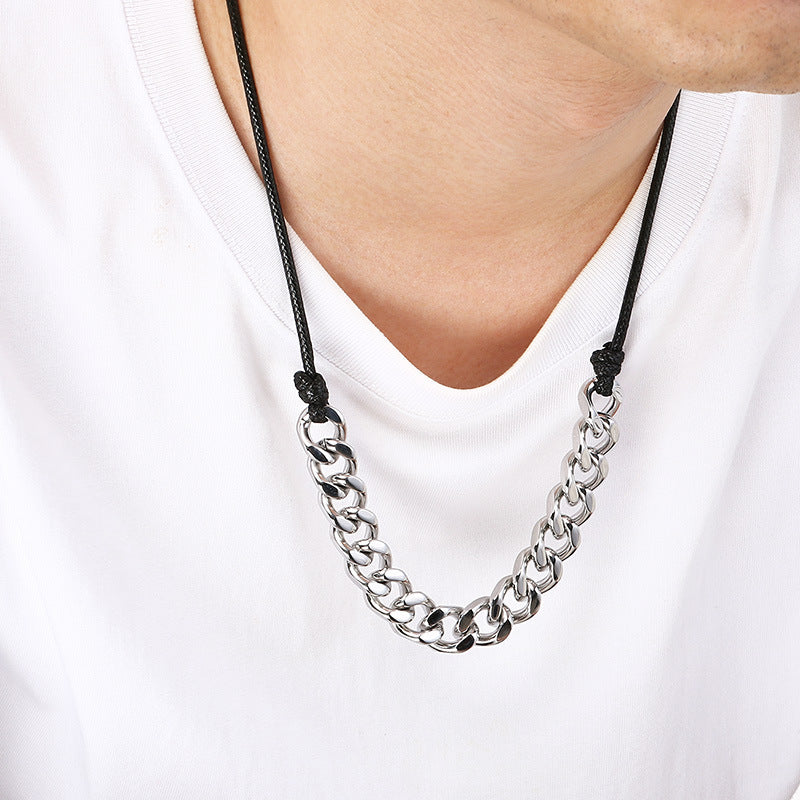 Vintage Necklace, Western Denim Black Wax Rope Splicing Cuban Chain, Long Adjustable Stainless