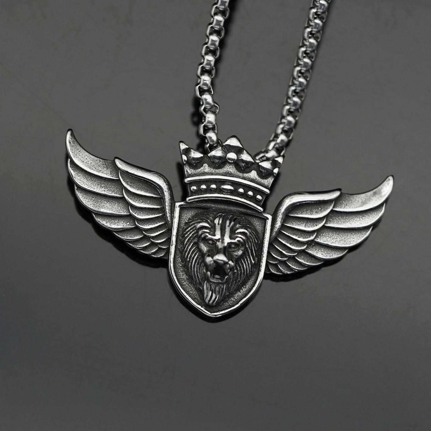 Steel Necklace - Vintage Winged Lion Head Crown Pendant For Bold Everyday Wear And Collectible Style