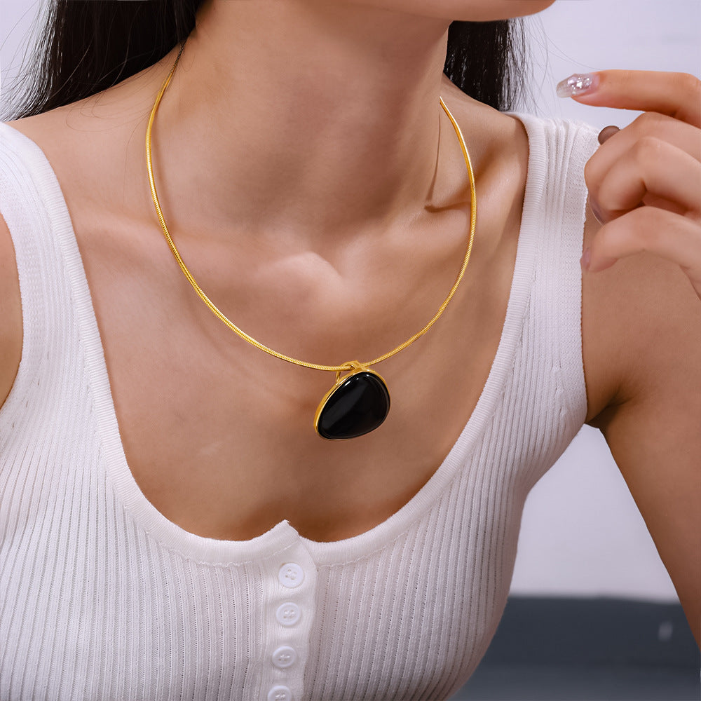 Geometric Snake Chain Black Agate Pendant Necklace - Personalized Titanium Steel Jewelry