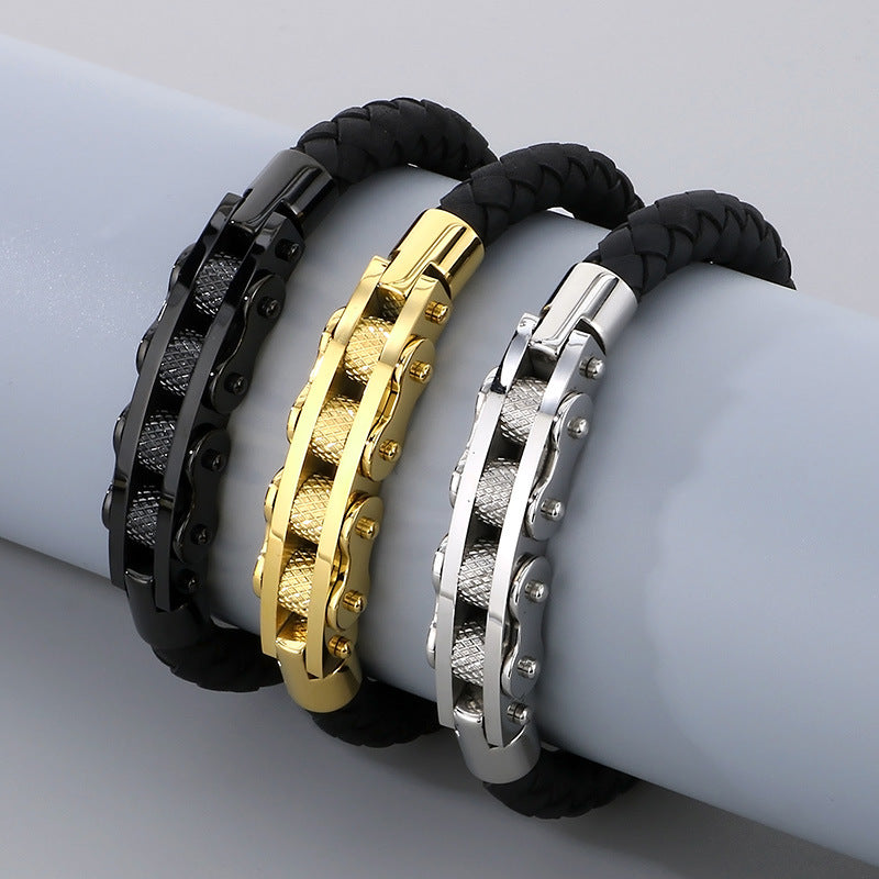 Business Style Strap Chain Woven Leather Rope Bracelet – Stainless Steel Bicycle Chain