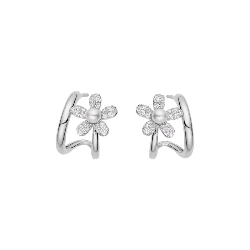 Korean Fashionable Flower Earrings Women's S925 Silver Studs