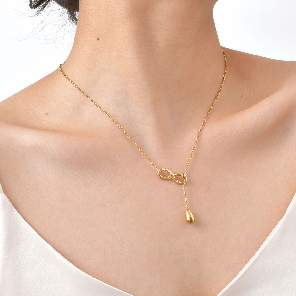 Stainless Steel Infinite Water Drop Y-Shaped Gold Necklace For Women
