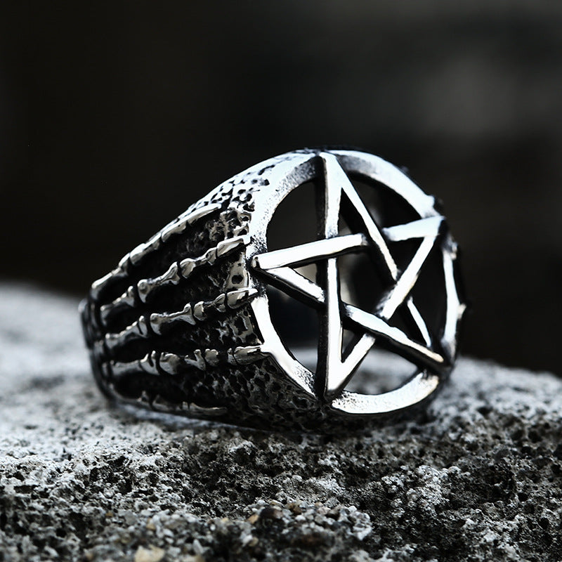 Domineering Titanium Steel Men's Retro Pentagram Ring with Stainless Steel Hand Bone Design