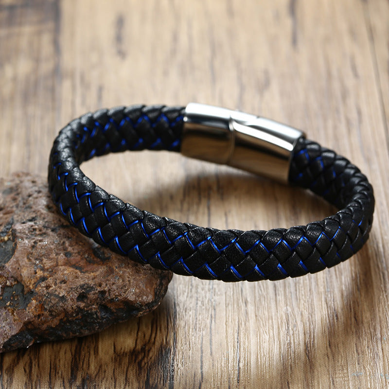 Stainless Steel Leather Bracelet Men's Microfiber Leather Bracelet Blue and Black