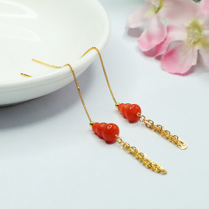 Nanhong Agate Gourd Phoenix-Tail Threader Earrings