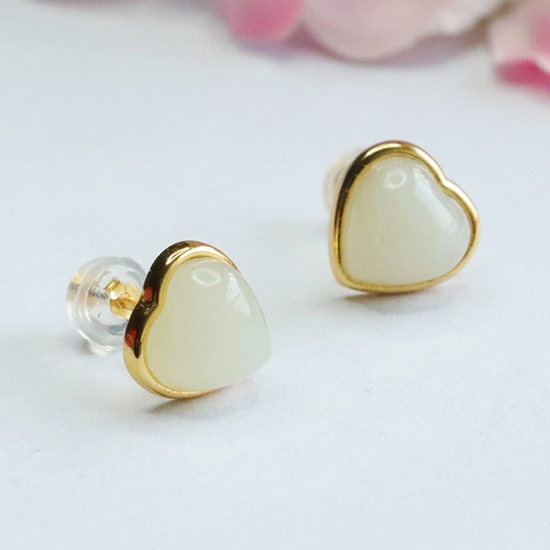 Sterling Silver Love Earrings with Natural Hetian White Jade