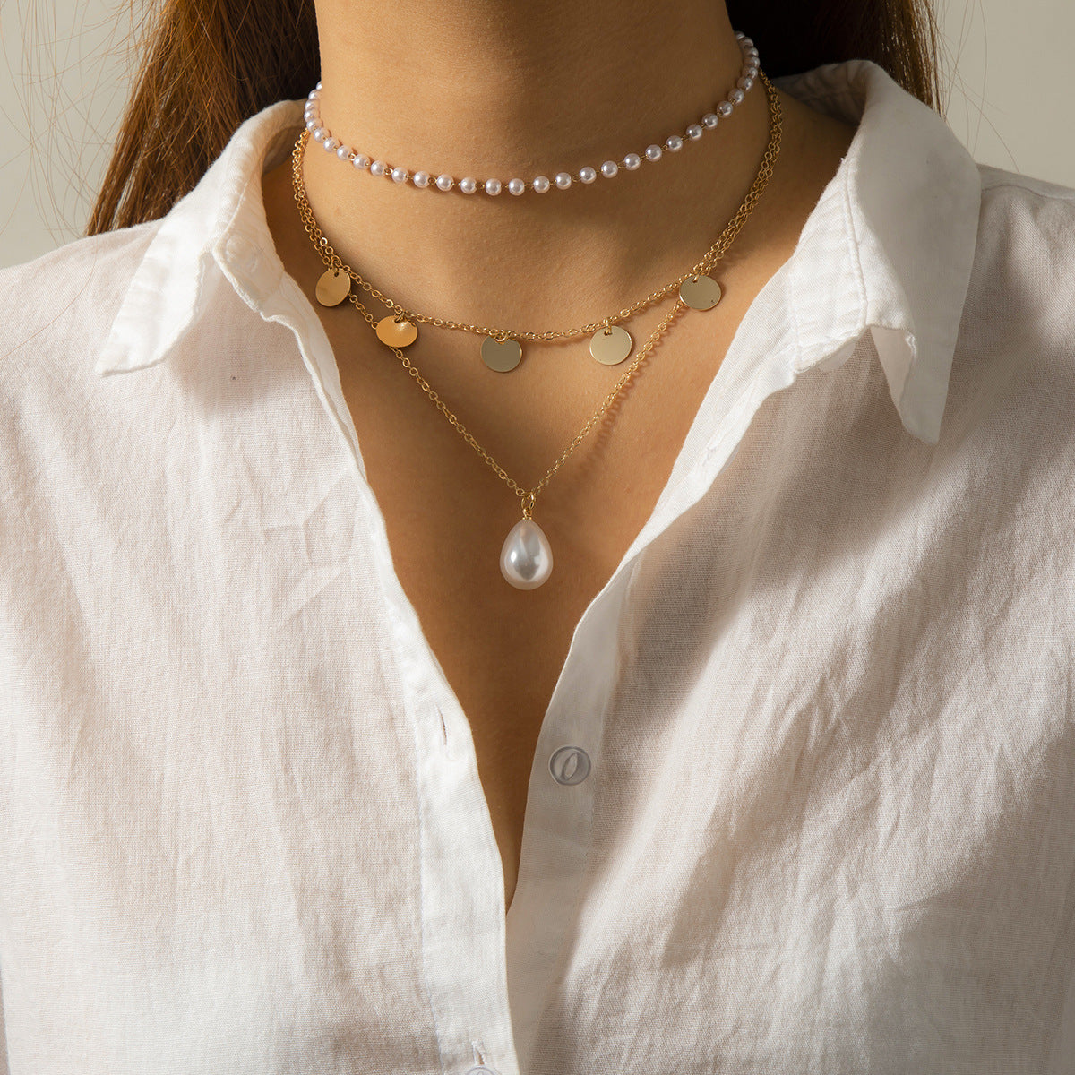 Planderful Vienna Verve Imitation Pearl Necklace Multi Layer Geometric Fringe Water Drop Pendant Elegant Women Jewelry