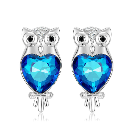 Owl Heart Shape Blue Zircon Silver Stud Earrings