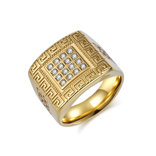 Men's Titanium Steel Ring With Zircon Inlay And Great Wall Pattern High End Planderful
