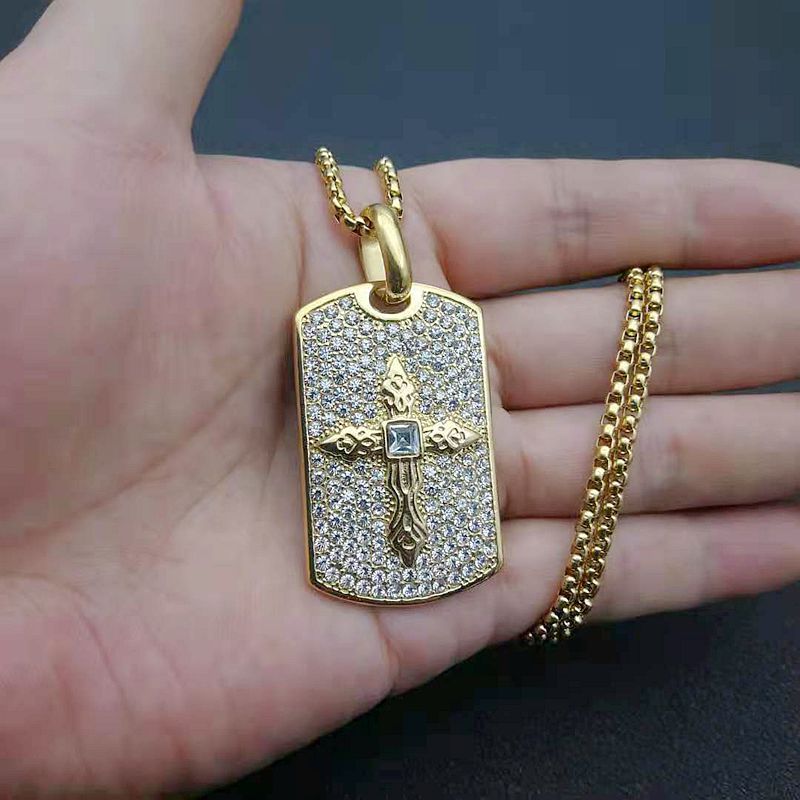Rhinestone Necklace – Statement Hip-Hop Cross Pendant In Gold-Plated Stainless Steel