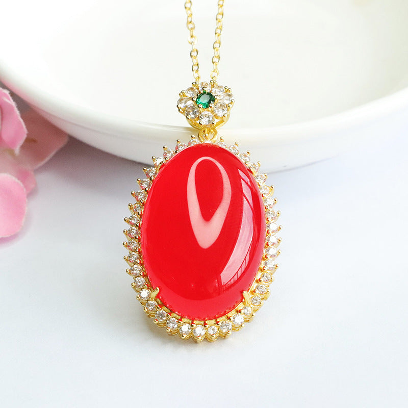 Pigeon Eggs Red Agate Pendant Zircon Halo Necklace