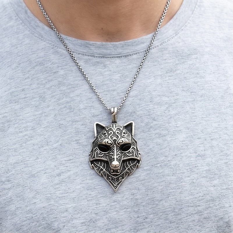 Nordic Mythological Beast Inlaid Red-Eye Wolf Head Stainless Steel Men's Pendant Retro Wolf Necklace