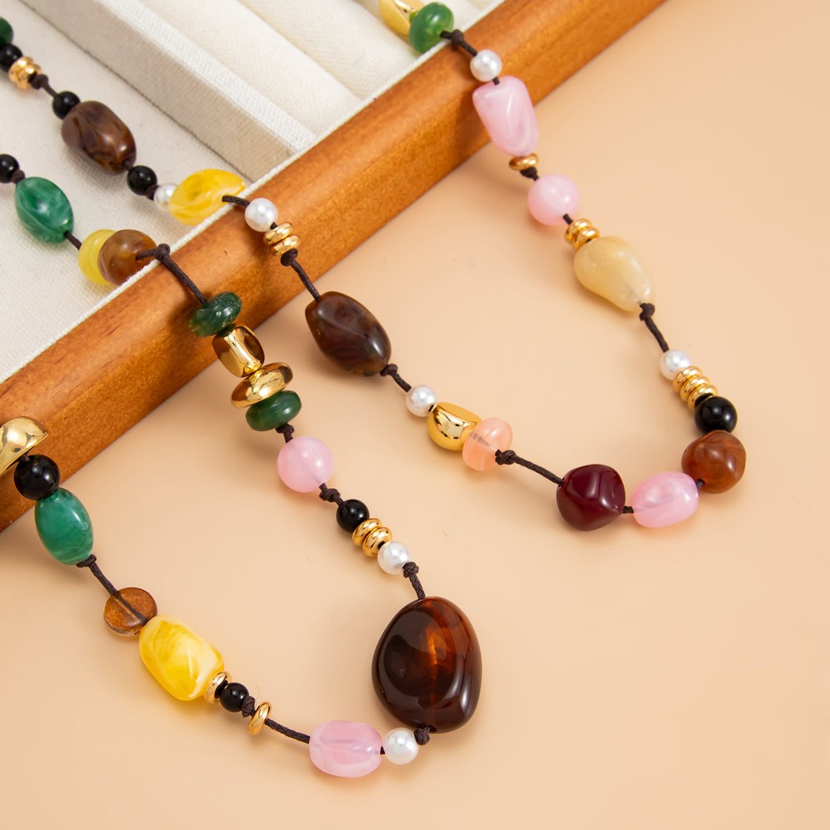 Contrasting Color Stone Beaded Double-Layer Pearl Necklace Holiday Style Retro Handmade Woven