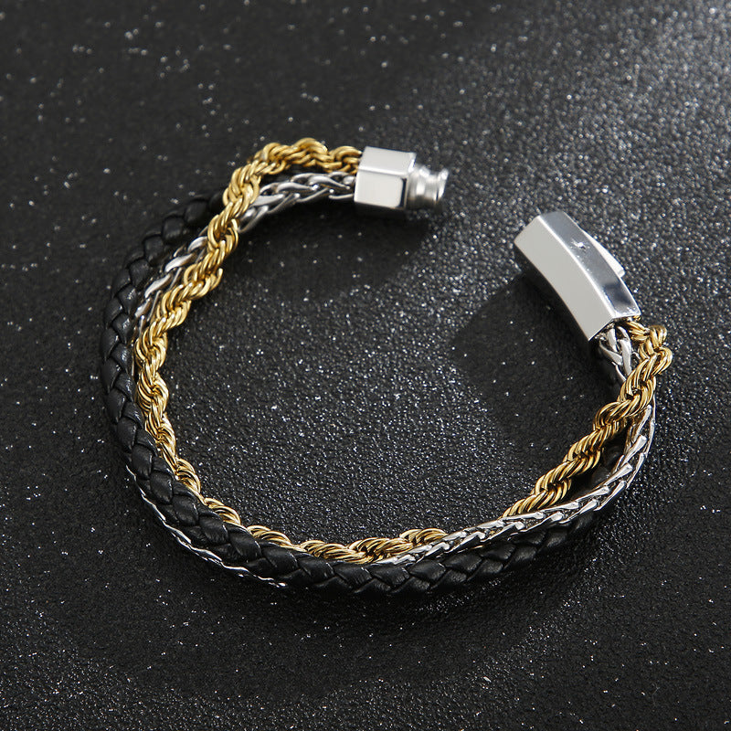 Planderful Mens Leather 3 Layer Stainless Steel Bracelet