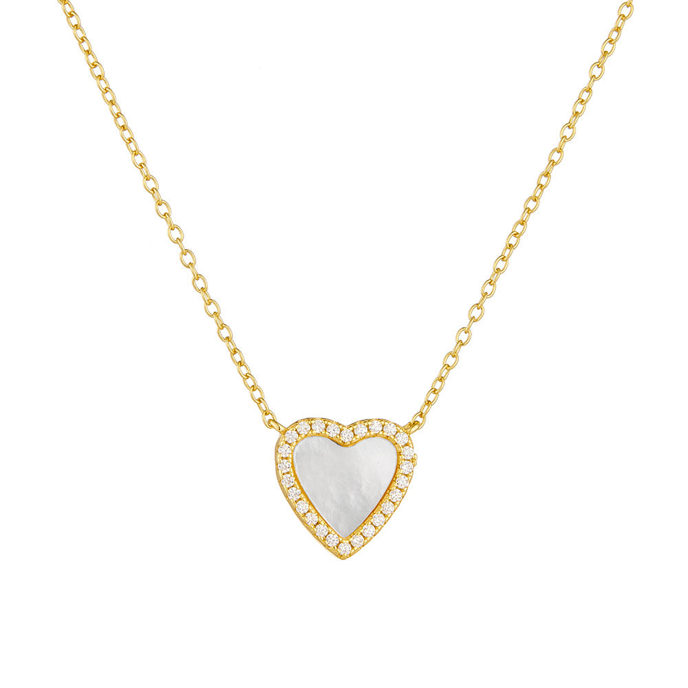 S925 Sterling Silver Love-Shaped Shell Pendant Necklace Inlaid Zircon