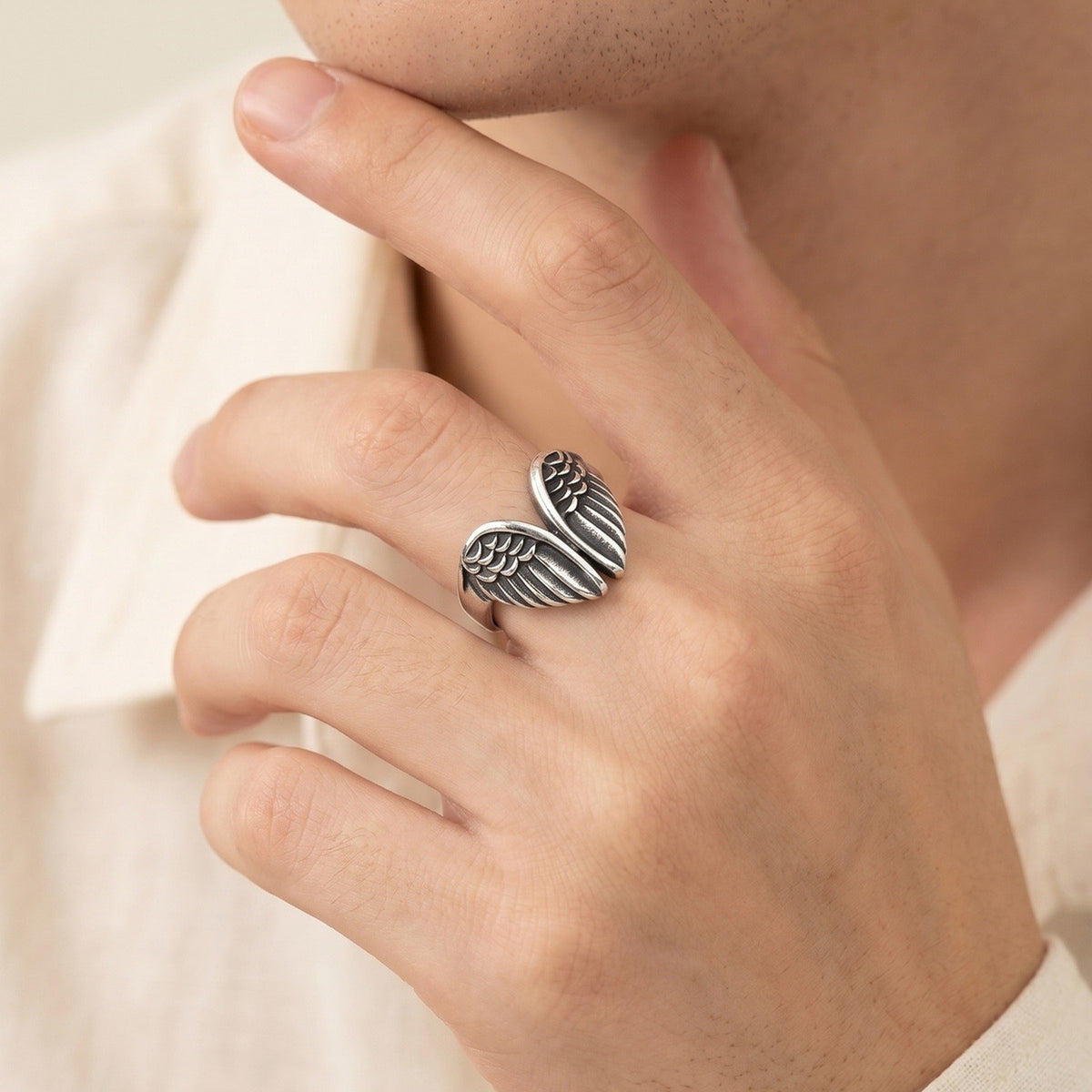 Stainless Steel Men's Street Dark Locomotive Daily Stacked Open Angel Wing Ring
