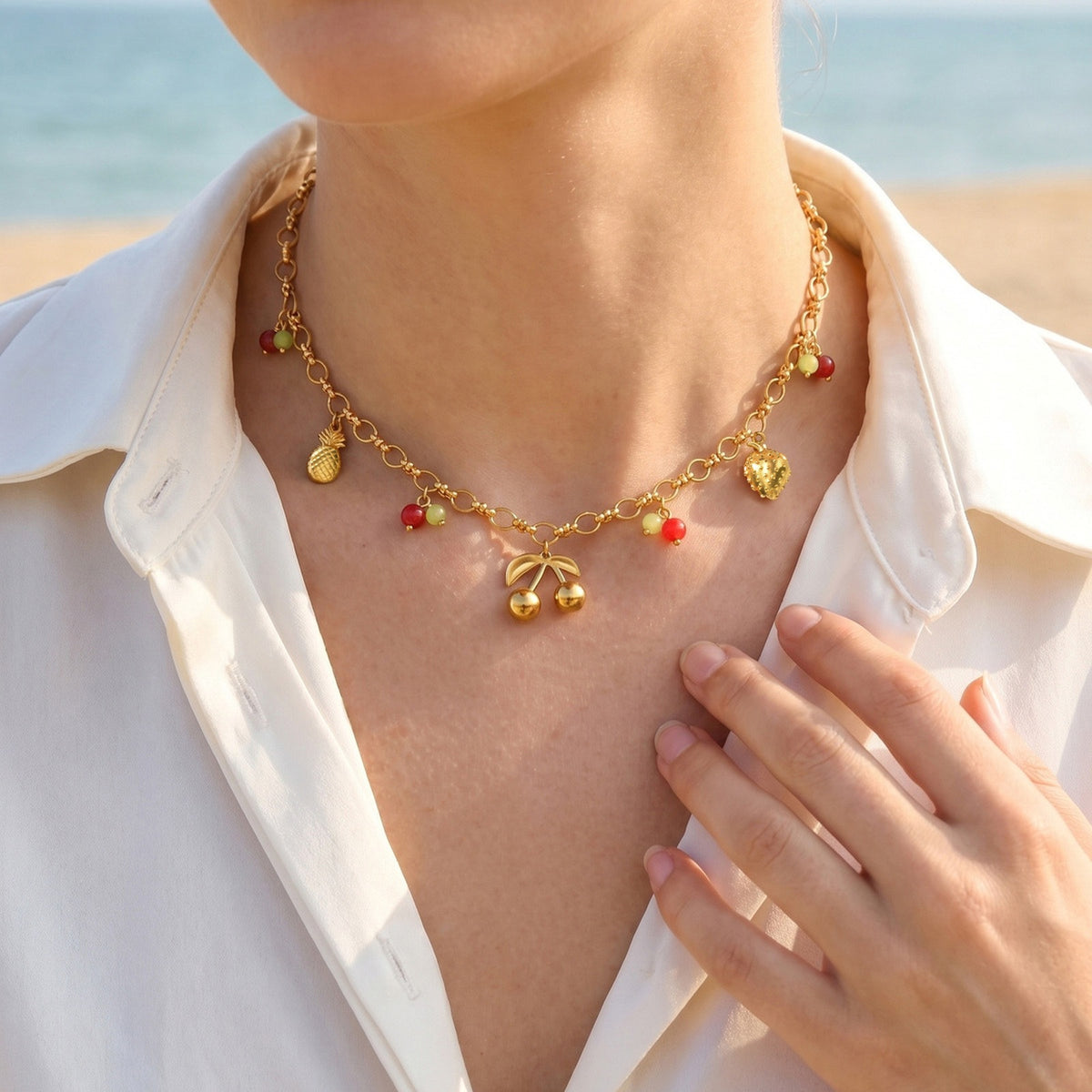 Stainless Steel Vacation Wind Sweet Strawberry Cherry Pineapple Necklace Multi-Element