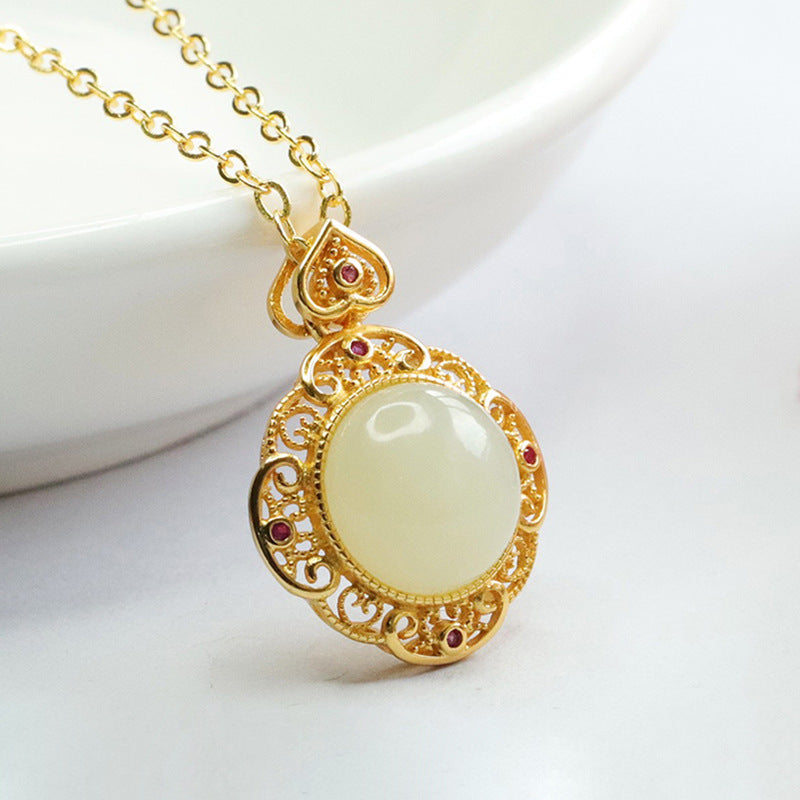 Round Hollow Edge Hetian Jade Necklace with Sterling Silver Chain