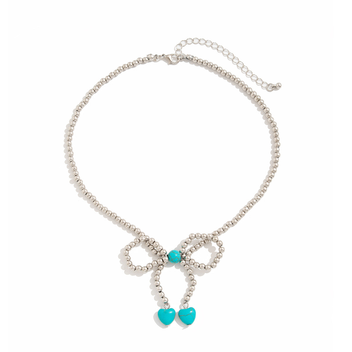Retro Beaded Bow & Turquoise-Style Pendant Necklace