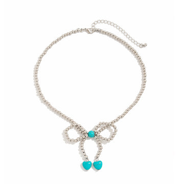 Retro Beaded Bow & Turquoise-Style Pendant Necklace