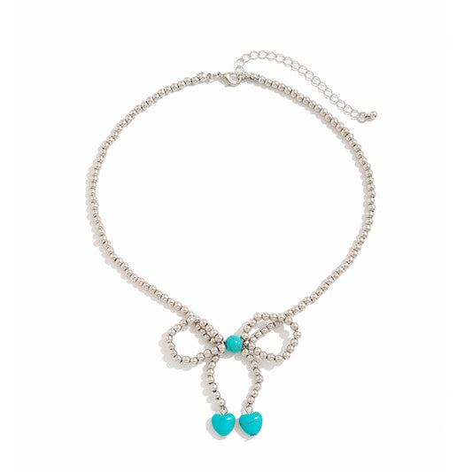 Retro Beaded Bow & Turquoise-Style Pendant Necklace