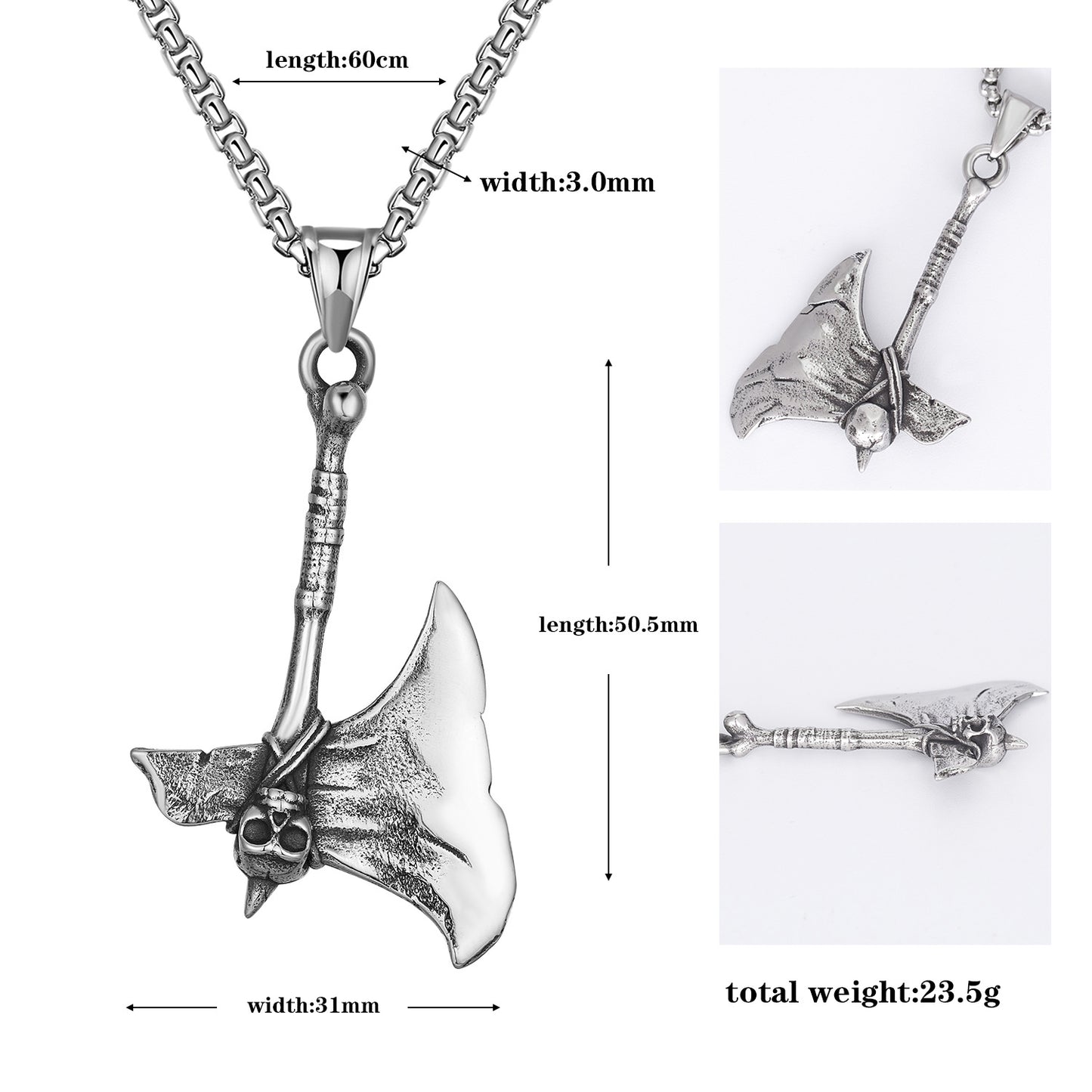 Stainless Steel Necklace - Vintage Viking Skull Tomahawk
