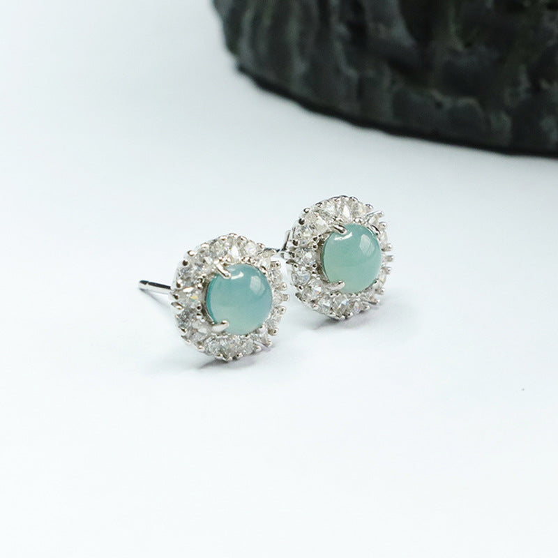 Icy Blue Jadeite Cabochon 925 Silver Stud Earrings