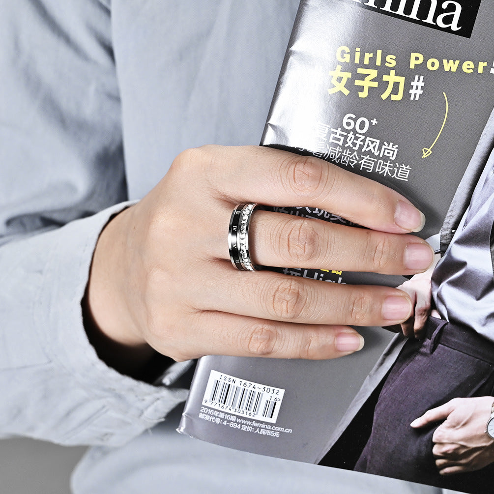 Light Luxury Full Square Zircon Roman Numerals Titanium Steel Ring