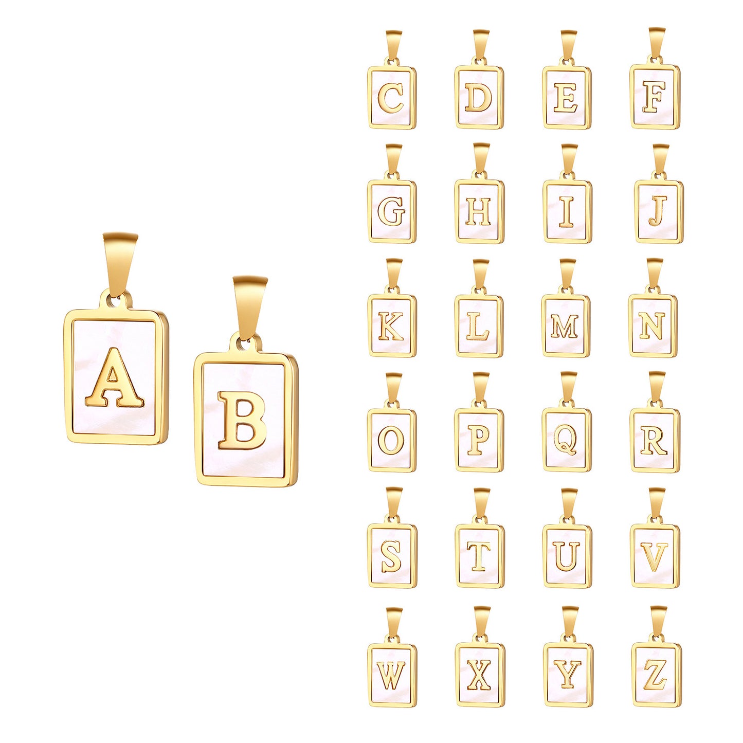 Stainless Steel Shell Square 26 Letter Pendant Necklace