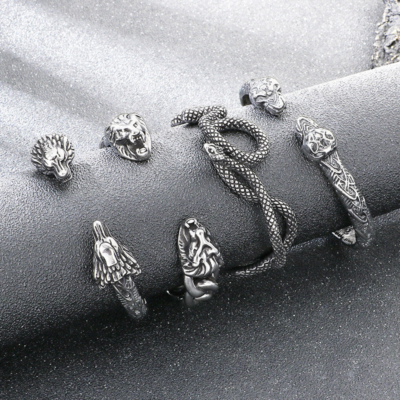 Dark Animal Lion Head Snake Head Opening C-Shaped Bracelet – Punk Style Old Winding