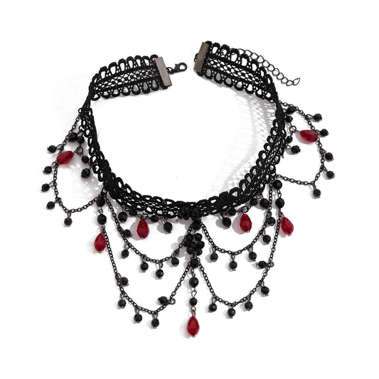 Gothic Lace Red Crystal-Style Layered Necklace