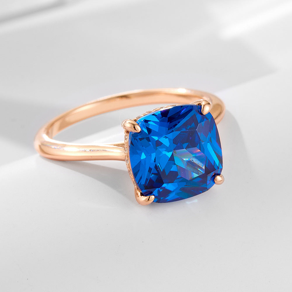 Blue Pillow-Shaped 10 Zircon Sterling Silver-Plated Rose Gold Ring Luxury Color Treasure Quality